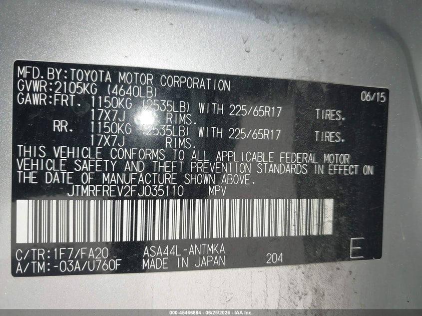 2015 Toyota Rav 4 VIN JTMRFREV2FJ035110 IAAI salvage auction — FRONT END, Clear (Massachusetts), sold $4,950 on 2026-07-07 (photo 9)