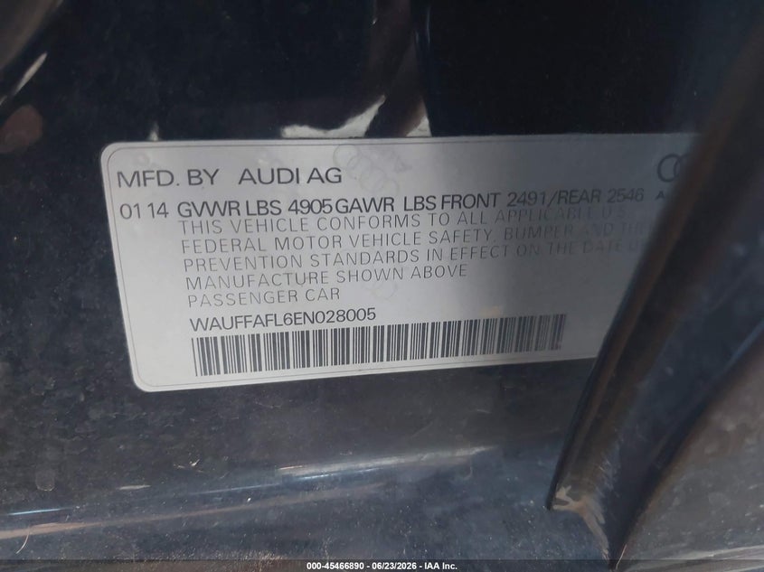 2014 Audi A4 VIN WAUFFAFL6EN028005 IAAI salvage auction — RIGHT FRONT, Salvage Title, sold $1,300 on 2026-08-24 (photo 9)
