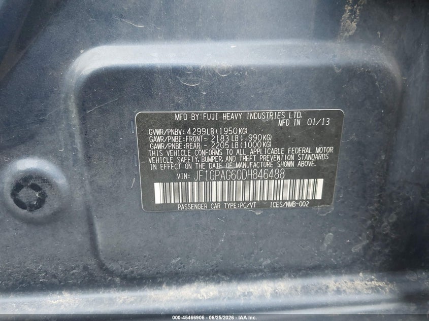 2013 Subaru Impreza VIN JF1GPAG60DH846488 IAAI salvage auction — FRONT END, Salvage Certificate (California), sold $475 on 2026-07-24 (photo 9)