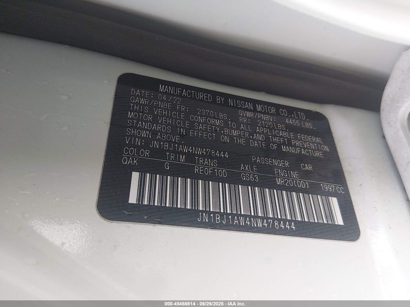 2022 Nissan Rogue VIN JN1BJ1AW4NW478444 IAAI salvage auction — FRONT END, Salvage (Indiana), sold $4,050 on 2026-08-02 (photo 9)