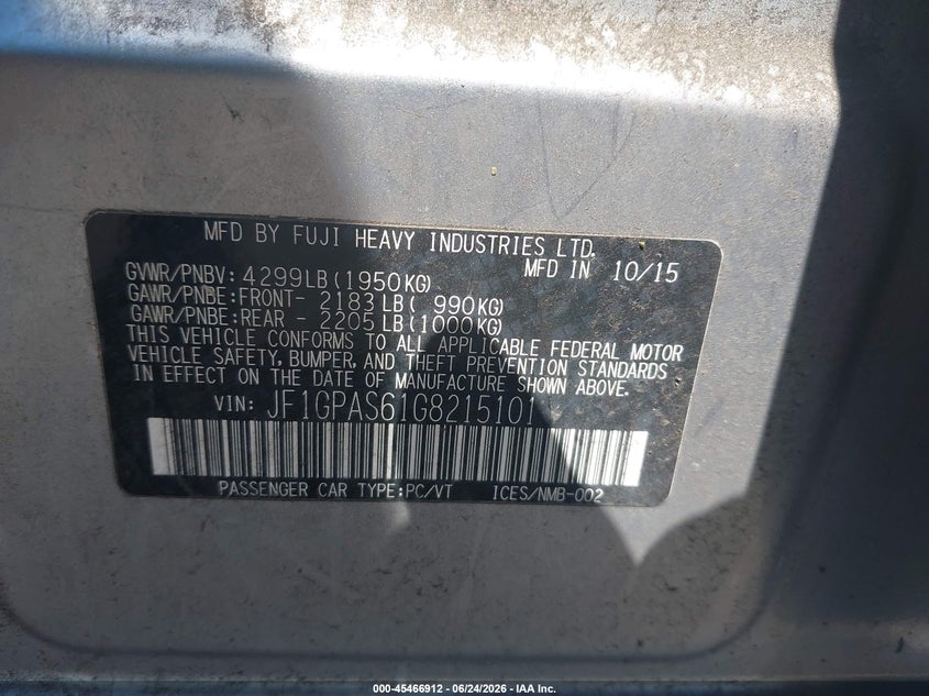 2016 Subaru Impreza VIN JF1GPAS61G8215101 IAAI salvage auction — FRONT END, Salvage (Idaho), sold $25 on 2026-07-30 (photo 9)