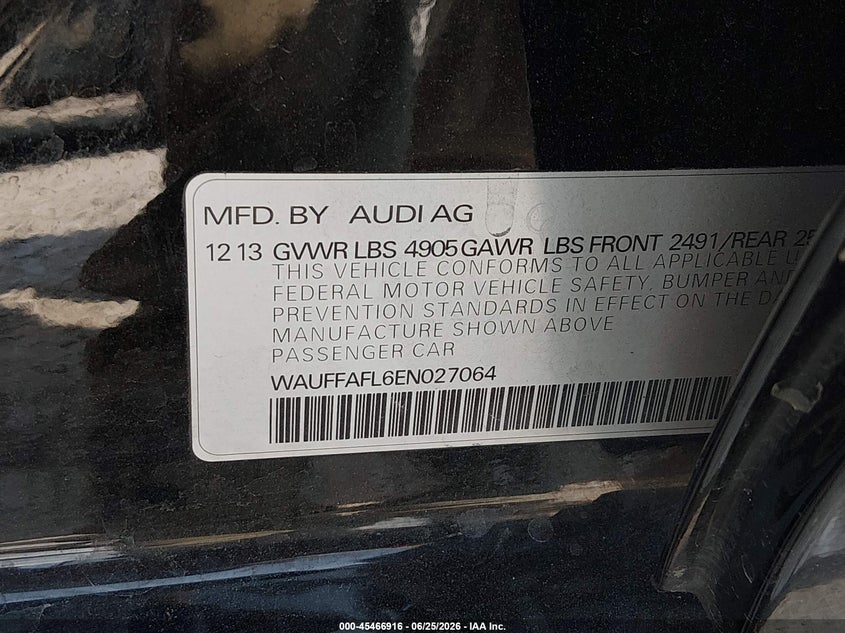 2014 Audi A4 VIN WAUFFAFL6EN027064 IAAI salvage auction — FRONT END, Salvage (Idaho), sold $1,575 on 2026-07-15 (photo 9)