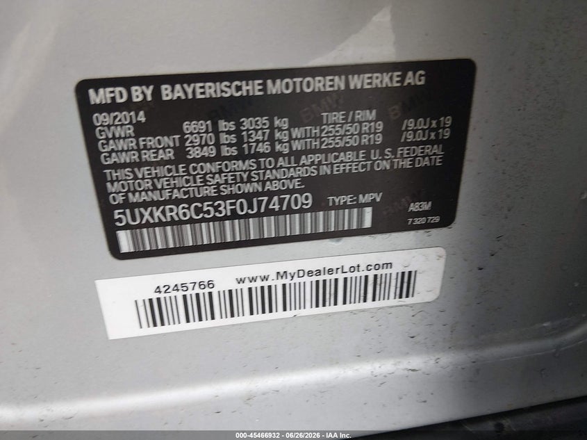 2015 BMW X5 VIN 5UXKR6C53F0J74709 IAAI salvage auction — NORMAL WEAR, Clear (Illinois), sold $4,975 on 2026-07-08 (photo 9)