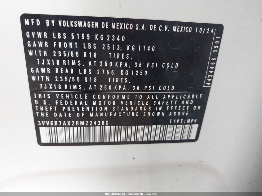 2024 Volkswagen Tiguan VIN 3VV6B7AX2RM224360 IAAI salvage auction — LEFT FRONT, Enterprise Vehicles Clear Only (Texas), sold $10,100 on 2026-07-30 (photo 9)
