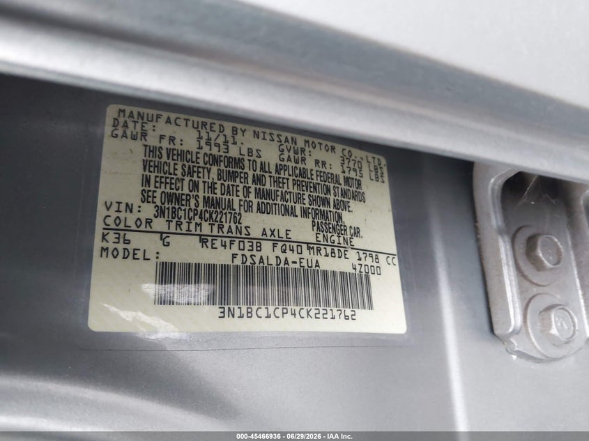 2012 Nissan Versa VIN 3N1BC1CP4CK221762 IAAI salvage auction — FRONT END, Salvage Title, sold $425 on 2026-07-17 (photo 9)