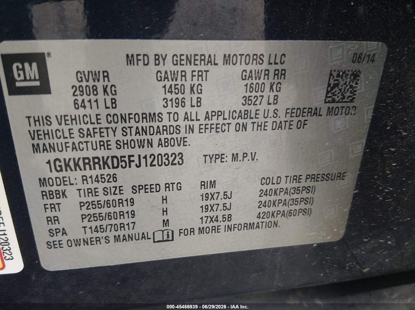 2015 Gmc Acadia VIN 1GKKRRKD5FJ120323 IAAI salvage auction — LEFT FRONT, Salvage (South Carolina), sold $600 on 2026-07-31 (photo 9)