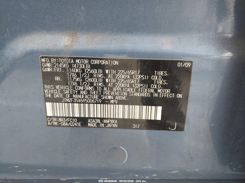 2009 Toyota Rav 4 VIN JTMZF35V695006719 IAAI salvage auction — FRONT END, Salvage (California), sold $900 on 2026-07-16 (photo 9)