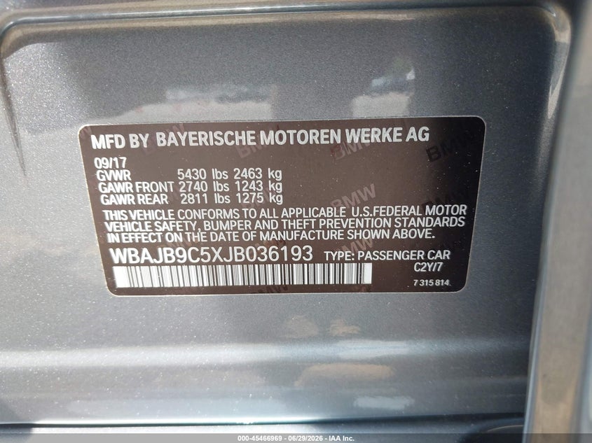 2018 BMW 5er VIN WBAJB9C5XJB036193 IAAI salvage auction — FRONT END, Clear (Michigan), sold $11,100 on 2026-07-27 (photo 9)