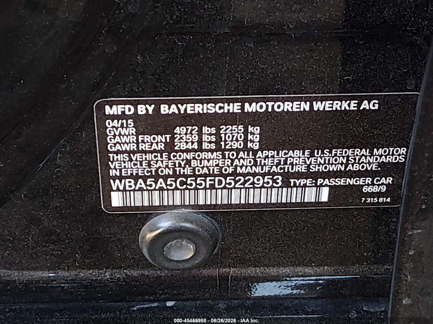 2015 BMW 5er VIN WBA5A5C55FD522953 IAAI salvage auction — REAR END, Salvage (Arizona), sold $3,300 on 2026-07-14 (photo 9)