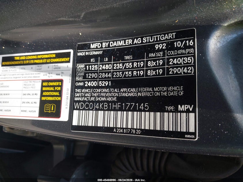 2017 Mercedes-benz VIN WDC0J4KB1HF177145 IAAI salvage auction — REAR END, Salvage Title, sold $7,200 on 2026-08-23 (photo 9)