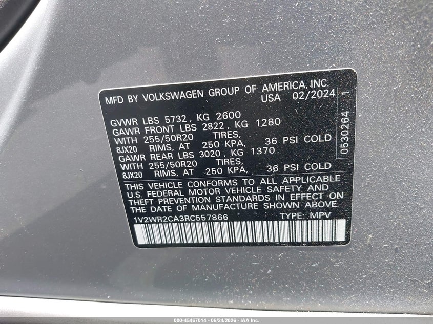 2024 Volkswagen Atlas VIN 1V2WR2CA3RC557866 IAAI salvage auction — SIDE, Salvage Title, sold $8,050 on 2026-07-31 (photo 9)