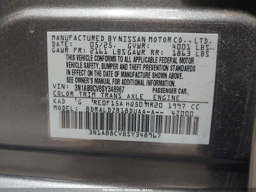 2025 Nissan Sentra VIN 3N1AB8CV8SY348967 IAAI salvage auction — FRONT END, Salvage (North Carolina), sold $3,650 on 2026-08-01 (photo 9)