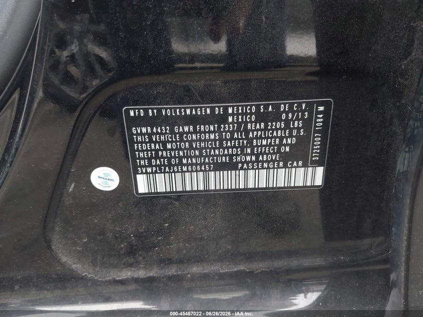 2014 Volkswagen Jetta VIN 3VWPL7AJ6EM606457 IAAI salvage auction — LEFT FRONT, Salvage Certificate (California), sold $400 on 2026-07-31 (photo 9)