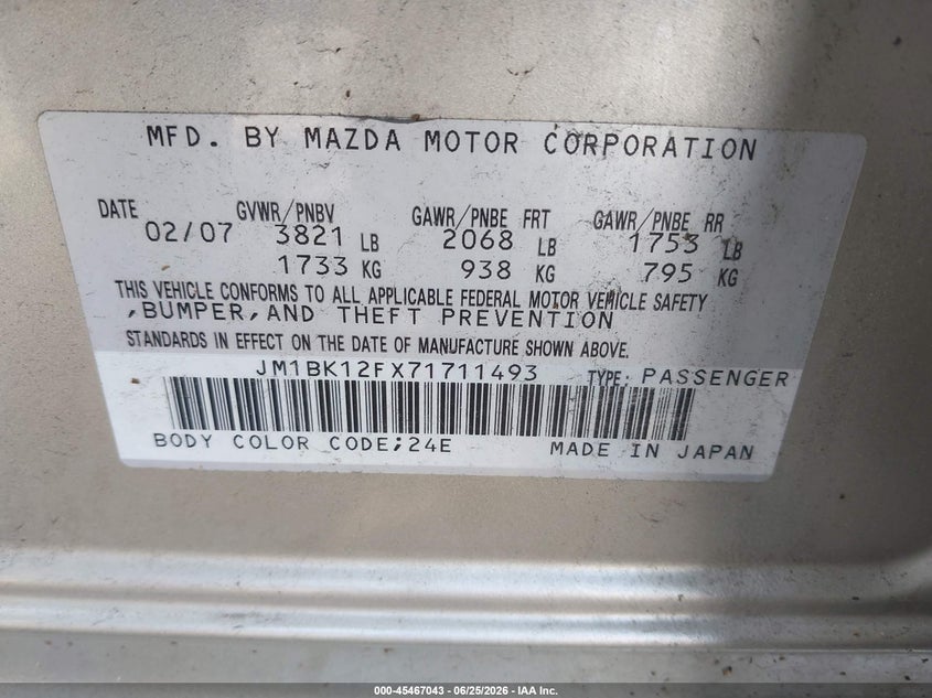 2007 Mazda 3 VIN JM1BK12FX71711493 IAAI salvage auction — SIDE, Salvage (Idaho), sold $375 on 2026-07-31 (photo 9)