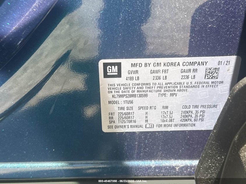 2021 Chevrolet Trailblazer VIN KL79MPS28MB130599 IAAI salvage auction — FRONT END, Salvage (Ohio), sold $1,575 on 2026-07-07 (photo 9)