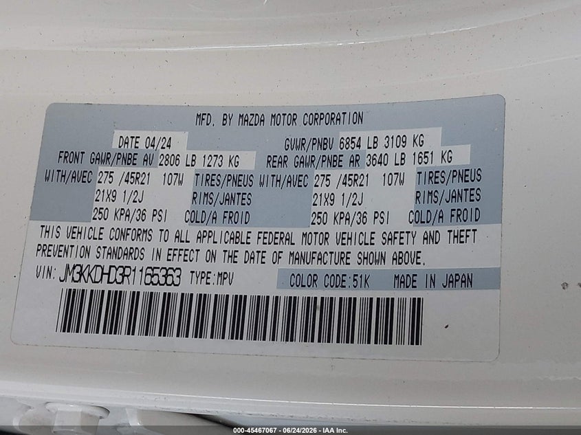2024 Mazda Cx-90 VIN JM3KKDHD3R1165363 IAAI salvage auction — REAR END, Bill Of Sale (Washington), sold $7,000 on 2026-07-09 (photo 9)