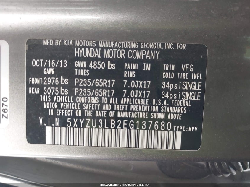 2014 Hyundai VIN 5XYZU3LB2EG137680 IAAI salvage auction — NORMAL WEAR, Original (Texas), sold $1,500 on 2026-07-13 (photo 9)