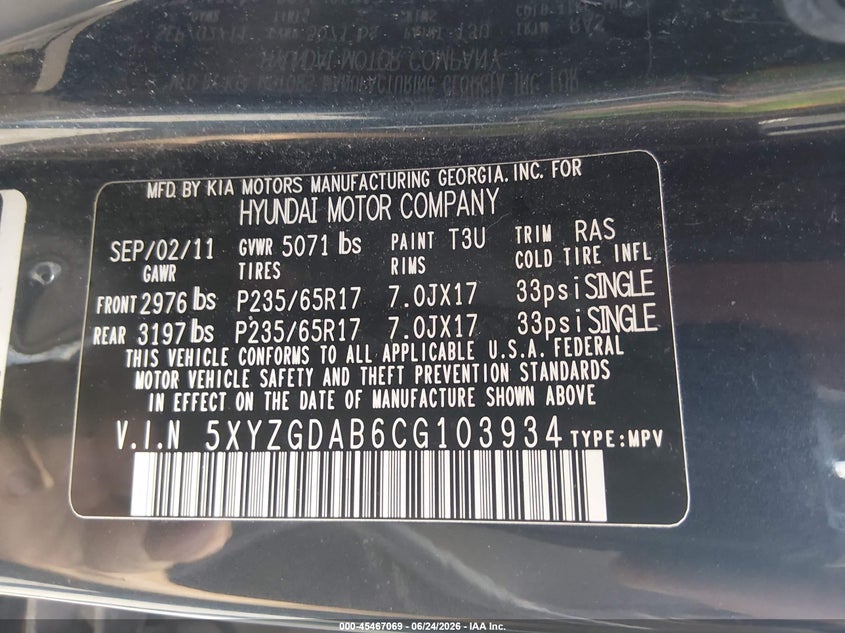 2012 Hyundai Santa fe VIN 5XYZGDAB6CG103934 IAAI salvage auction — SIDE, Salvage (West Virginia), sold $850 on 2026-08-01 (photo 9)