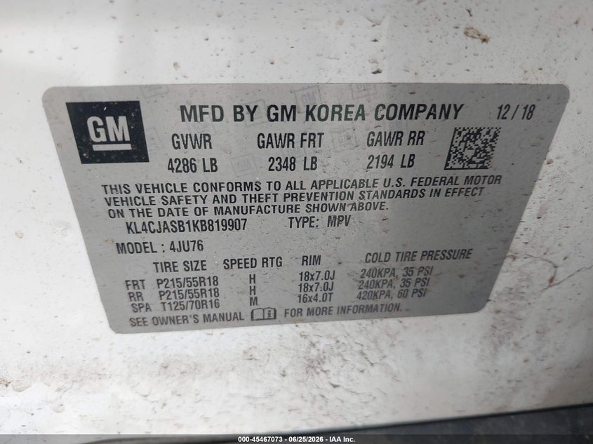 2019 Buick Encore VIN KL4CJASB1KB819907 IAAI salvage auction — UNDERCARRIAGE, Salvage (Pennsylvania), sold $2,850 on 2026-07-31 (photo 9)