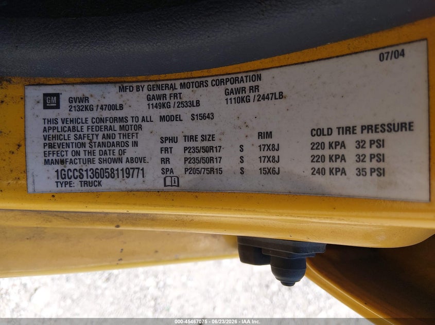 2005 Chevrolet Colorado VIN 1GCCS136058119771 IAAI salvage auction — RIGHT FRONT, Clear (Tennessee), sold $800 on 2026-07-09 (photo 9)