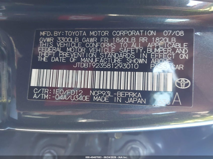 2008 Toyota Yaris VIN JTDBT923581293010 IAAI salvage auction — REAR END, Salvage (California), sold $1,950 on 2026-07-13 (photo 9)