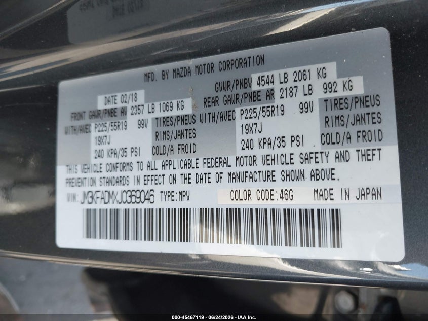 2018 Mazda Cx-5 VIN JM3KFADMXJ0369046 IAAI salvage auction — FRONT & REAR, Salvage Title, sold $4,300 on 2026-07-17 (photo 9)