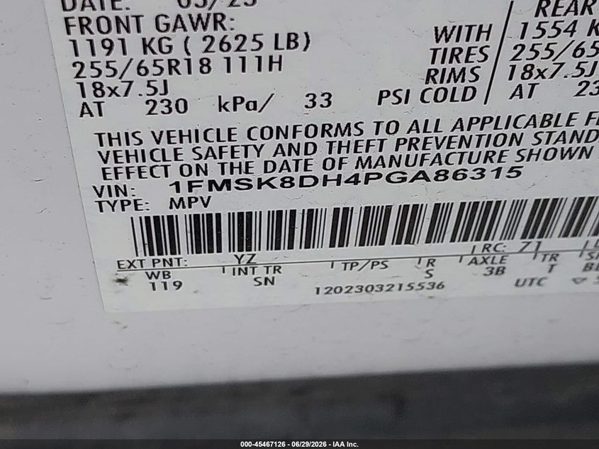 2023 Ford Explorer VIN 1FMSK8DH4PGA86315 IAAI salvage auction — FRONT END, Original (Texas), sold $8,100 on 2026-08-21 (photo 9)