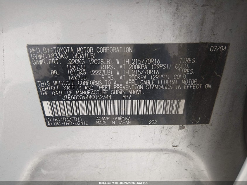 2004 Toyota Rav 4 VIN JTEGD20V440042344 IAAI salvage auction — FRONT END, Salvage (California), sold $575 on 2026-07-30 (photo 9)