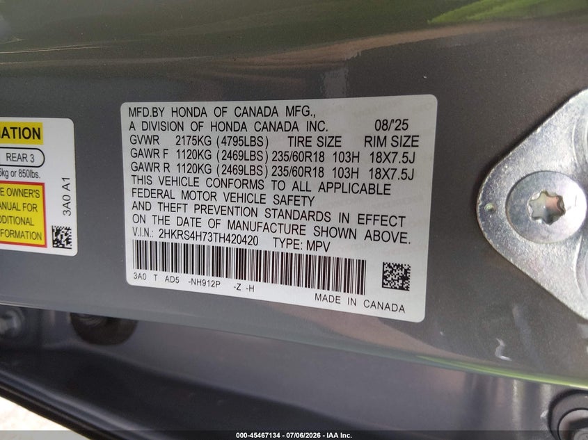 2026 Honda Cr-v VIN 2HKRS4H73TH420420 IAAI salvage auction — HAIL, Salvage Title, sold $18,300 on 2026-07-24 (photo 9)
