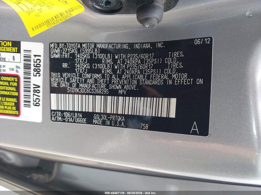 2012 Toyota Sienna VIN 5TDYK3DC6CS268295 IAAI salvage auction — REAR END, Clear (Wisconsin), sold $5,900 on 2026-07-16 (photo 9)
