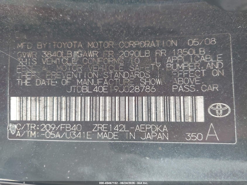 2009 Toyota Corolla VIN JTDBL40E19J028786 IAAI salvage auction — FRONT & REAR, Rebuildable (Florida), sold $1,975 on 2026-07-16 (photo 9)