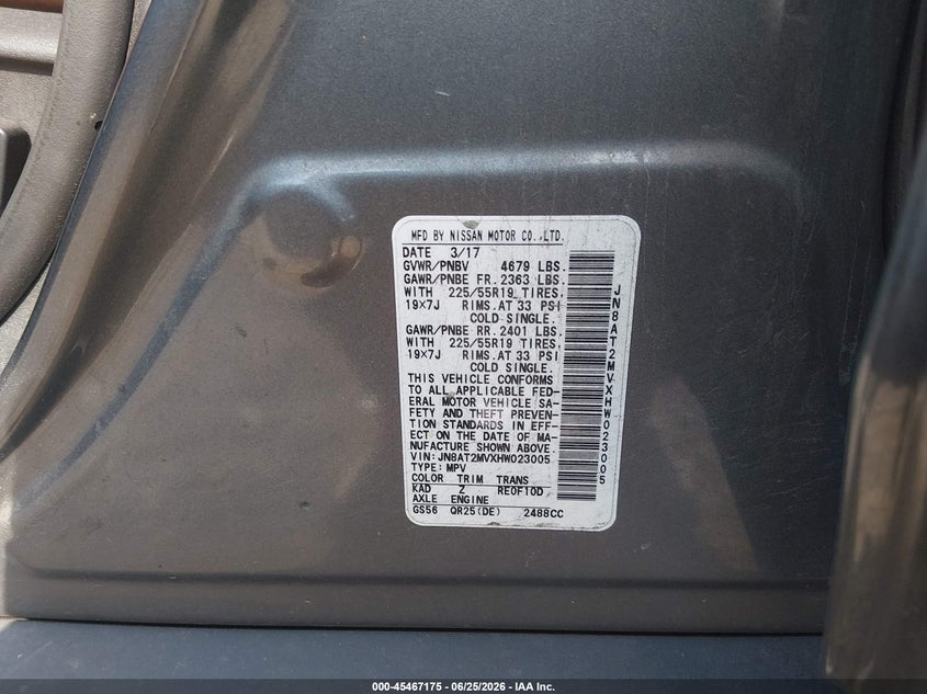 2017 Nissan Rogue VIN JN8AT2MVXHW023005 IAAI salvage auction — FRONT END, Salvage (Tennessee), sold $1,450 on 2026-07-09 (photo 9)