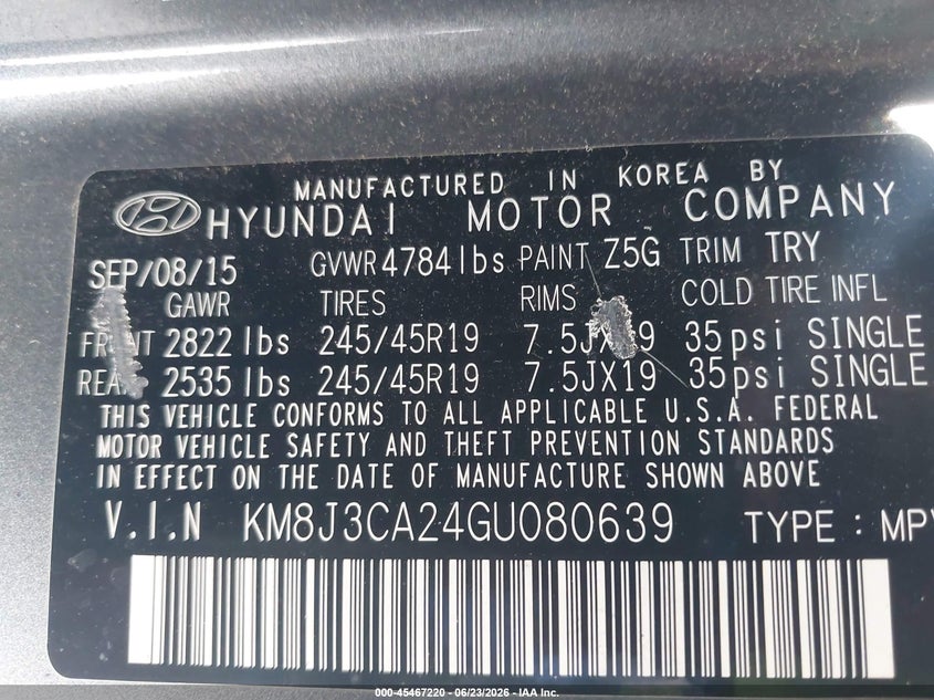 2016 Hyundai Tucson VIN KM8J3CA24GU080639 IAAI salvage auction — Burn Engine, Non-Repairable (California), sold $225 on 2026-07-16 (photo 9)