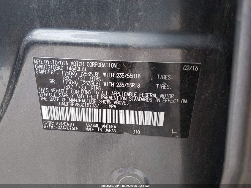 2016 Toyota Rav 4 VIN JTMDFREV8GD187337 IAAI salvage auction — REAR END, Salvage Title, sold $5,900 on 2026-07-16 (photo 9)