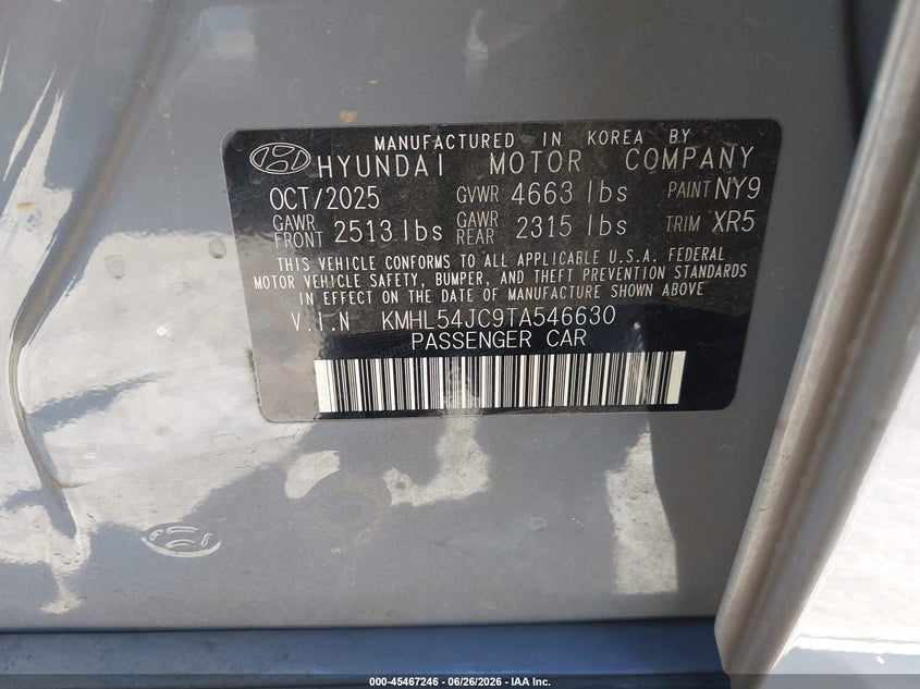 2026 Hyundai Sonata VIN KMHL54JC9TA546630 IAAI salvage auction — FRONT END, Salvage Title, sold $9,100 on 2026-07-31 (photo 9)
