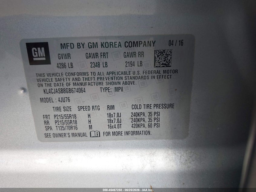 2016 Buick Encore VIN KL4CJASB8GB674064 IAAI salvage auction — REAR END, Salvage (South Carolina), sold $875 on 2026-07-22 (photo 9)
