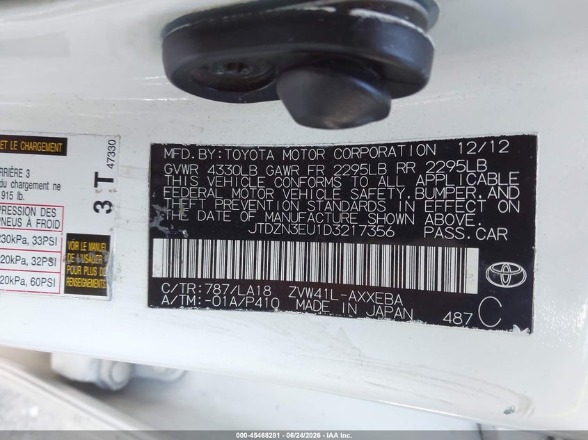 2013 Toyota Prius v VIN JTDZN3EU1D3217356 IAAI salvage auction — RIGHT REAR, Salvage (California), sold $725 on 2026-07-23 (photo 9)
