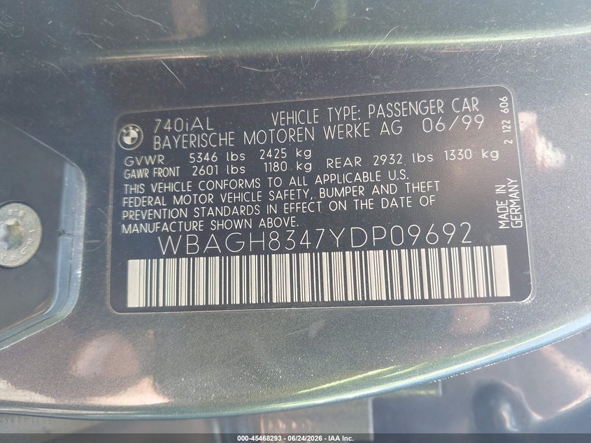 2000 BMW 7 series VIN WBAGH8347YDP09692 IAAI salvage auction — NORMAL WEAR, Original (Ohio), sold $275 on 2026-07-30 (photo 9)