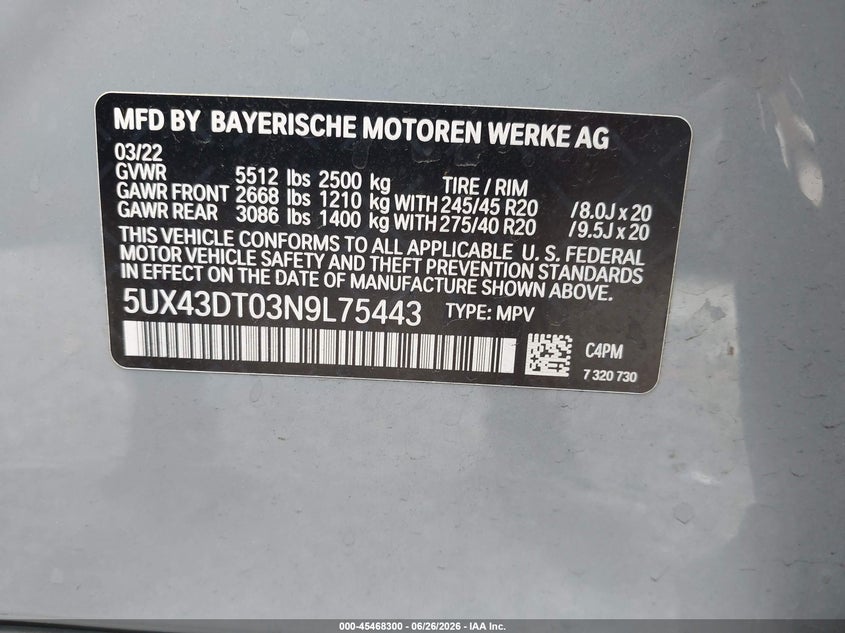 2022 BMW X4 VIN 5UX43DT03N9L75443 IAAI salvage auction — REAR END, Wait Title, sold $26,750 on 2026-08-01 (photo 9)