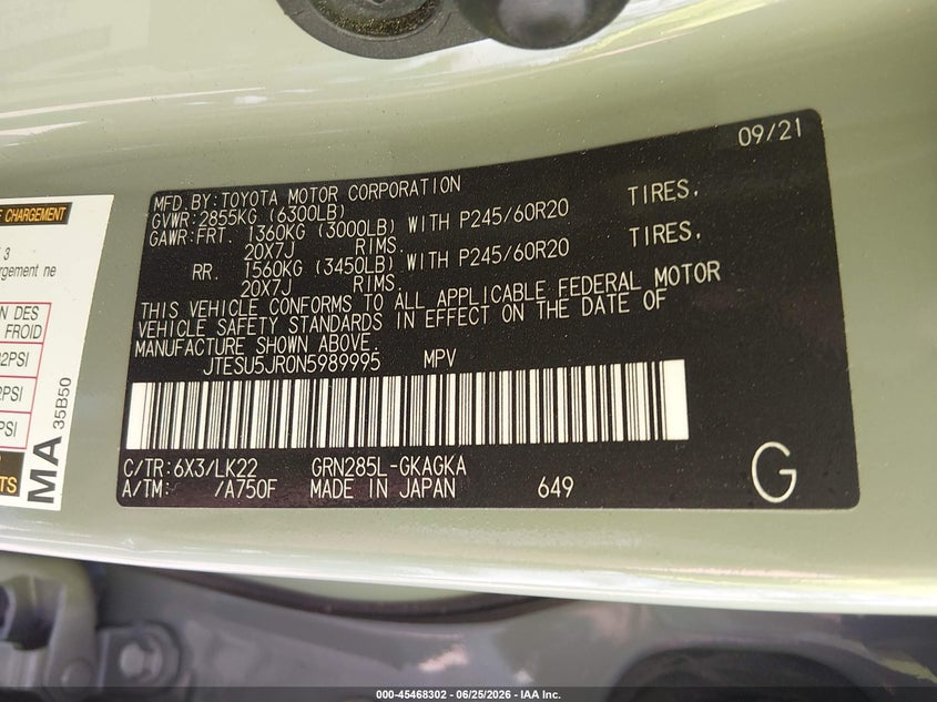 2022 Toyota 4runner VIN JTESU5JR0N5989995 IAAI salvage auction — REAR END, Salvage Title, sold $13,600 on 2026-07-24 (photo 9)
