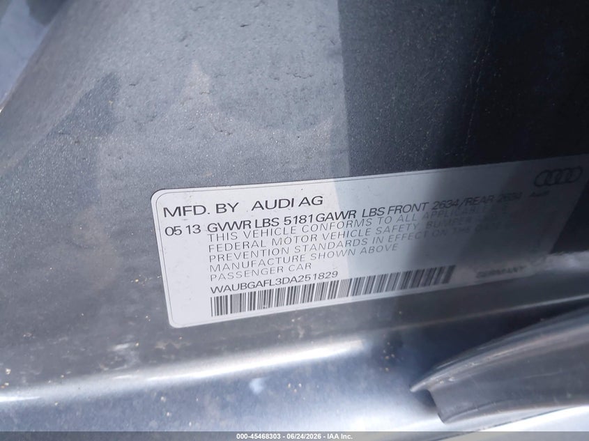 2013 Audi S4 VIN WAUBGAFL3DA251829 IAAI salvage auction — SIDE, Salvage (Pennsylvania), sold $4,750 on 2026-07-09 (photo 9)