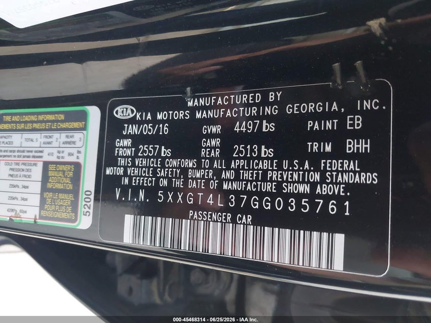 2016 Kia Optima VIN 5XXGT4L37GG035761 IAAI salvage auction — FRONT END, Salvage (California), sold $1,400 on 2026-07-28 (photo 9)