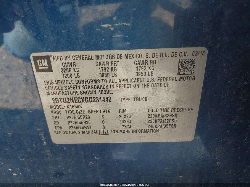 2016 Gmc VIN 3GTU2NECXGG231442 IAAI salvage auction — FRONT & REAR, Salvage Title, sold $400 on 2026-07-25 (photo 9)
