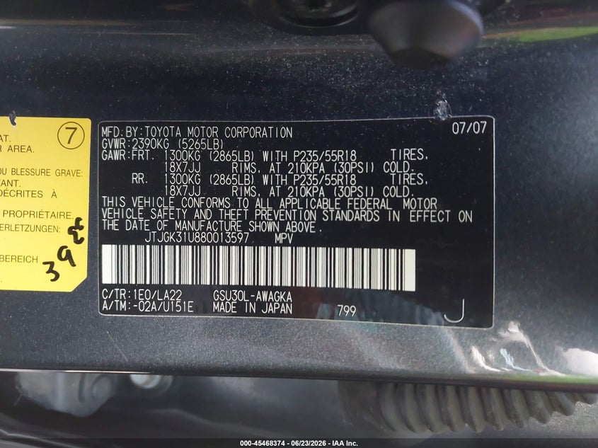 2008 Lexus Rx 350 VIN JTJGK31U880013597 IAAI salvage auction — FRONT END, Salvage (California), sold $775 on 2026-07-22 (photo 9)