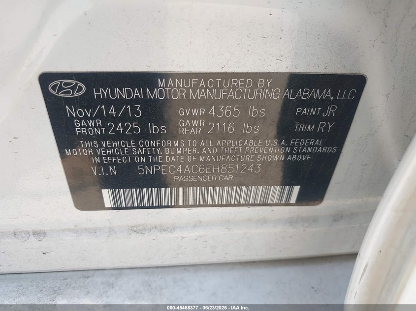 2014 Hyundai Sonata VIN 5NPEC4AC6EH851243 IAAI salvage auction — NORMAL WEAR, Clear - Dealer Only (California), sold $400 on 2026-07-21 (photo 9)