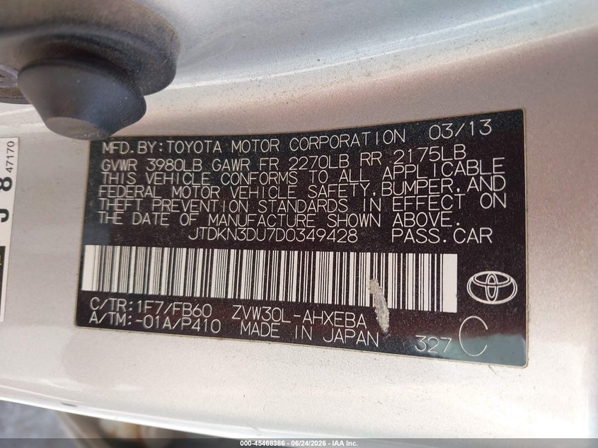 2013 Toyota Prius VIN JTDKN3DU7D0349428 IAAI salvage auction — NORMAL WEAR, Regular Certificate (Iowa), sold $775 on 2026-07-07 (photo 9)