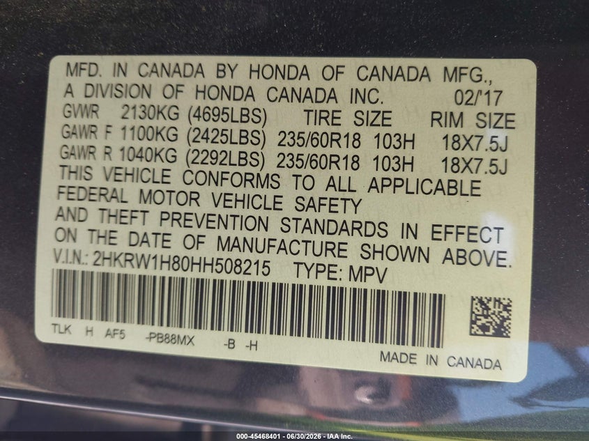 2017 Honda Cr-v VIN 2HKRW1H80HH508215 IAAI salvage auction — FRONT END, Salvage (Mississippi), sold $3,950 on 2026-07-25 (photo 9)