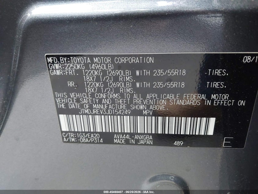 2018 Toyota Rav 4 VIN JTMDJREV3JD154249 IAAI salvage auction — FRONT END, Salvage Certificate (California), sold $6,950 on 2026-07-15 (photo 9)