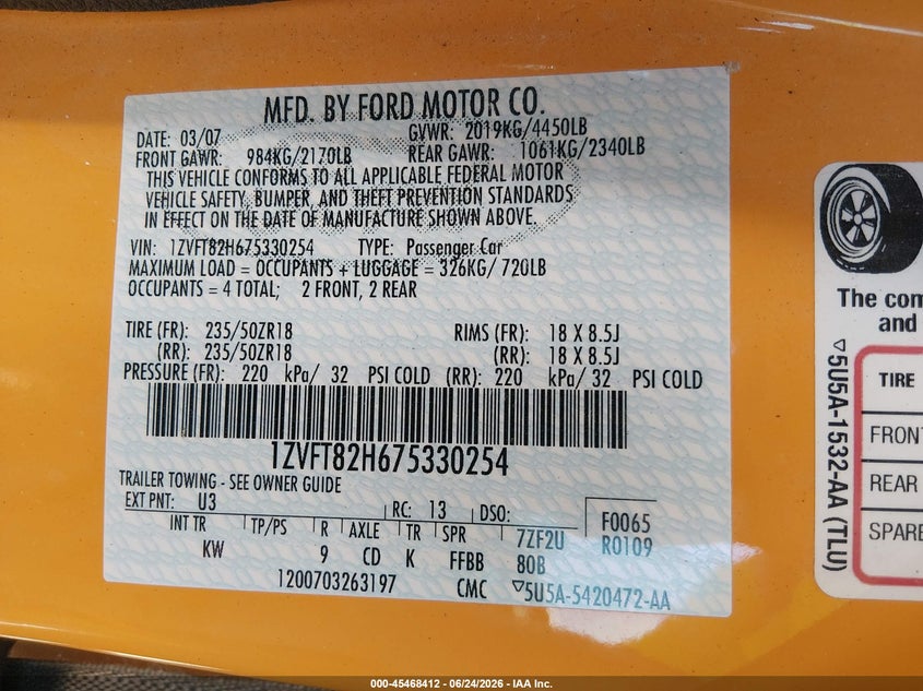 2007 Ford Mustang VIN 1ZVFT82H675330254 IAAI salvage auction — FRONT END, Salvage (Ohio), sold $1,850 on 2026-07-09 (photo 9)