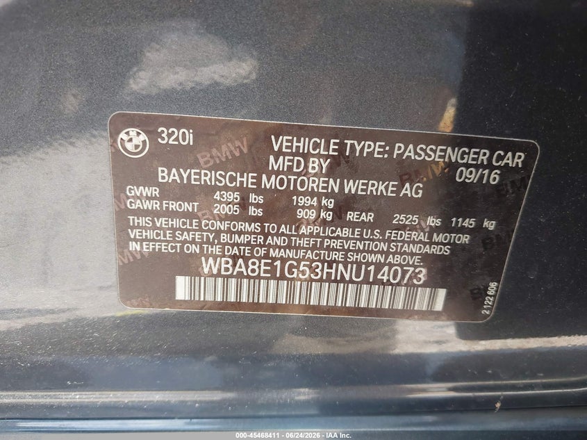2017 BMW VIN WBA8E1G53HNU14073 IAAI salvage auction — WATER/FLOOD, Salvage (Texas), sold $2,050 on 2026-07-30 (photo 9)